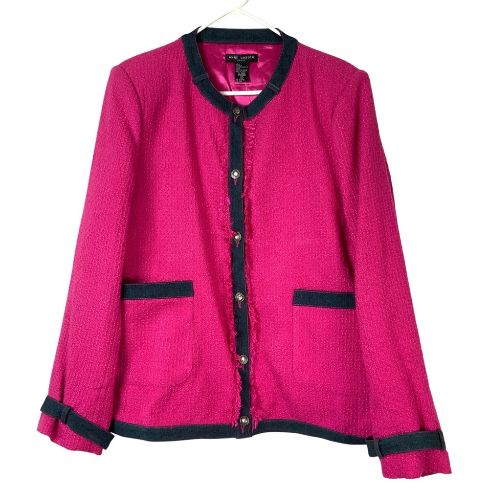 Anne Carson Hot Pink Silk Tweed Jacket 1X Button Up Crew Neck Long Sleeve Fringe